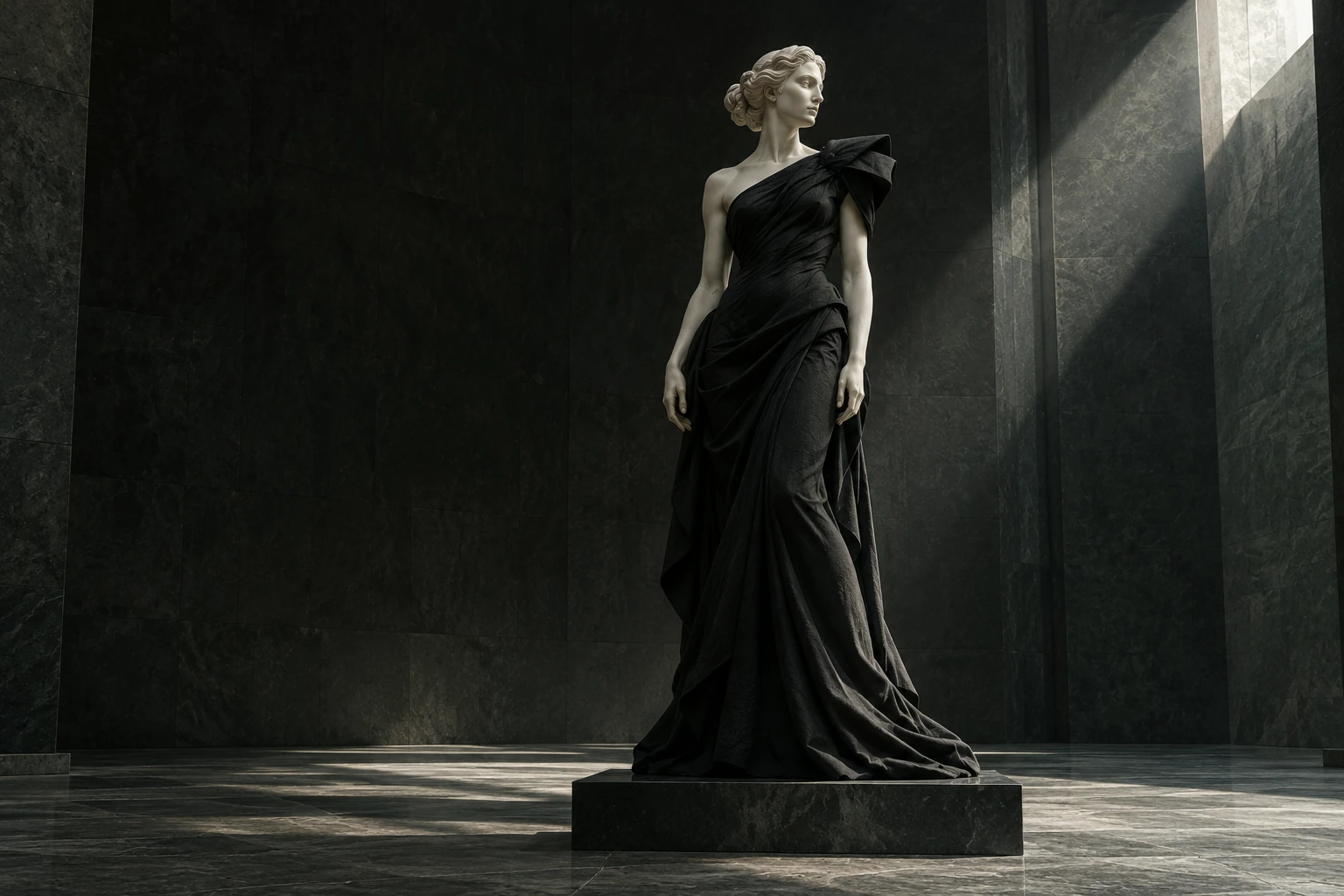 An original ivory marble fashion sculpture wearing an architectural black gown in a dark gallery