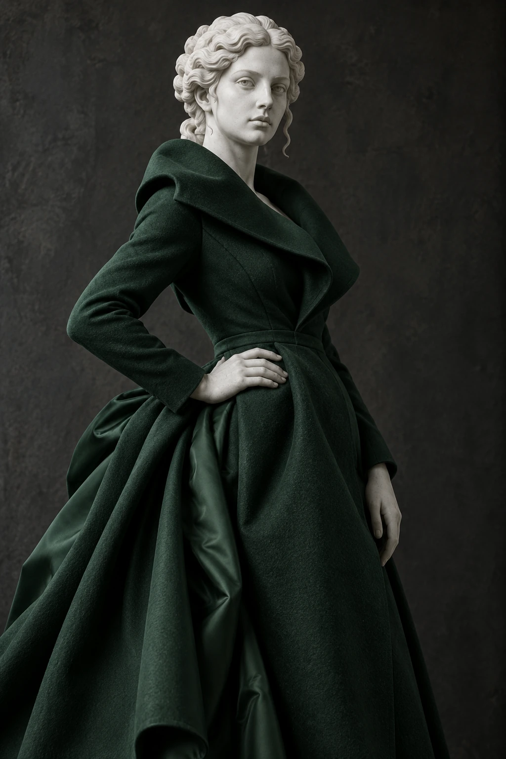 Verdant: a dark forest-green sculptural coat-dress on an original marble figure
